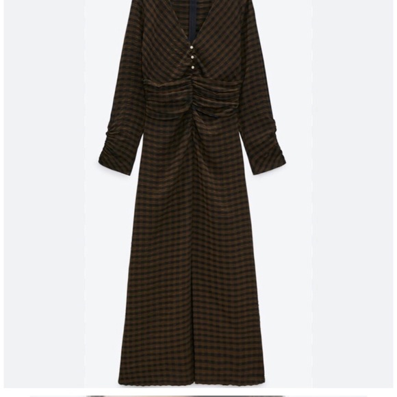 ZARA lovely textured checked draped midi dress in brown & black🔥🔥🔥 - Picture 3 of 10